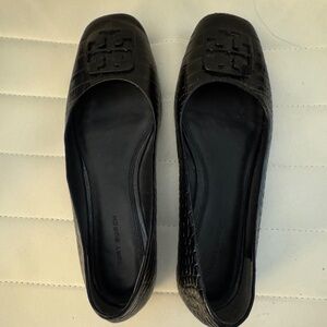 Tory Burch black croc square toed flats